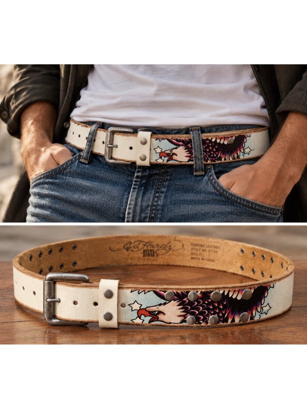 Ed Hardy Men's Genuine Leather Eagle Tattoo Studded Belt Ivory Size S